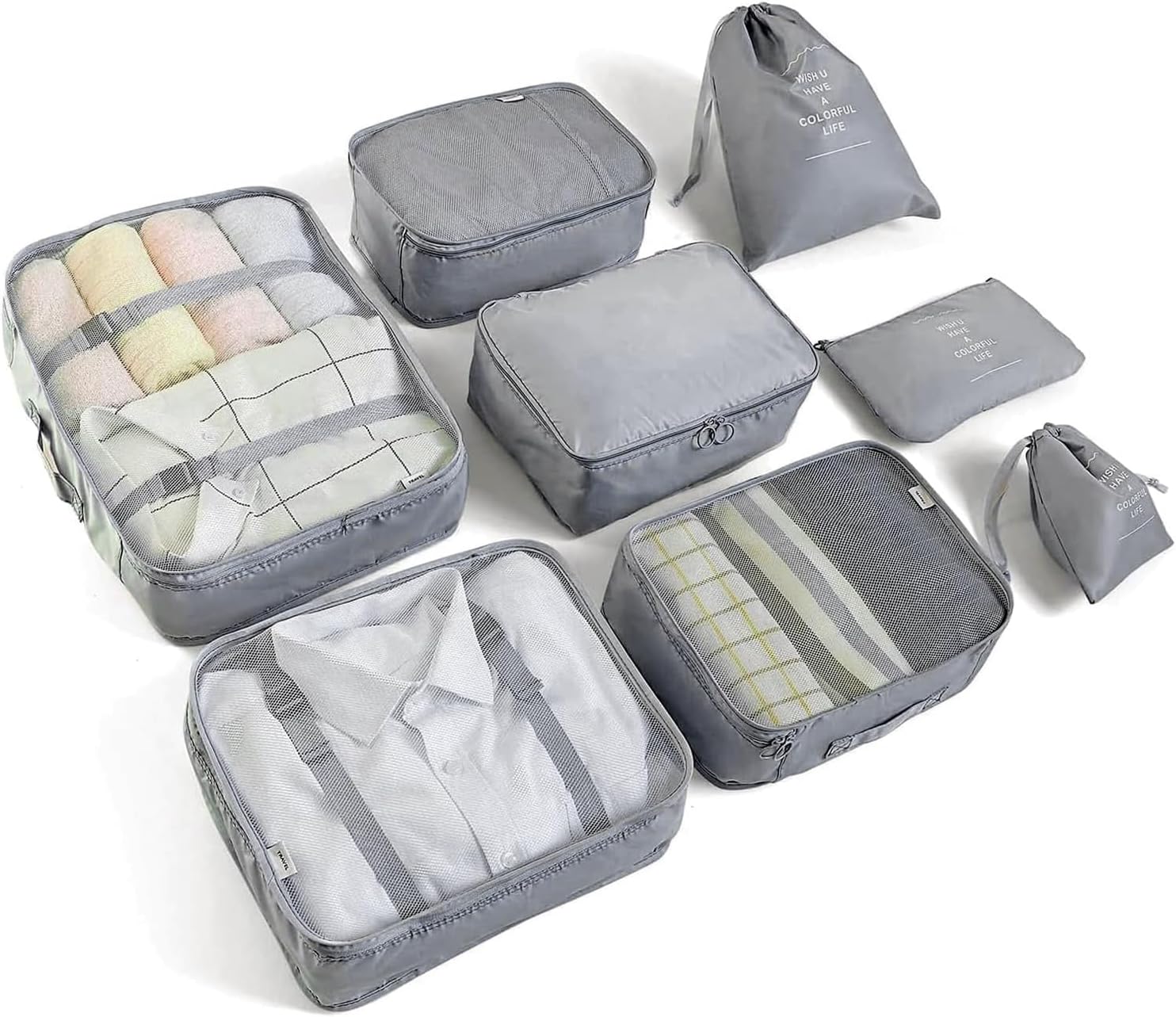 Travel Packing Cubes 6/8 Set, Luggage Storage Organizer with Shoe Toiletry Laundry Bag (Beige, 8 Set)