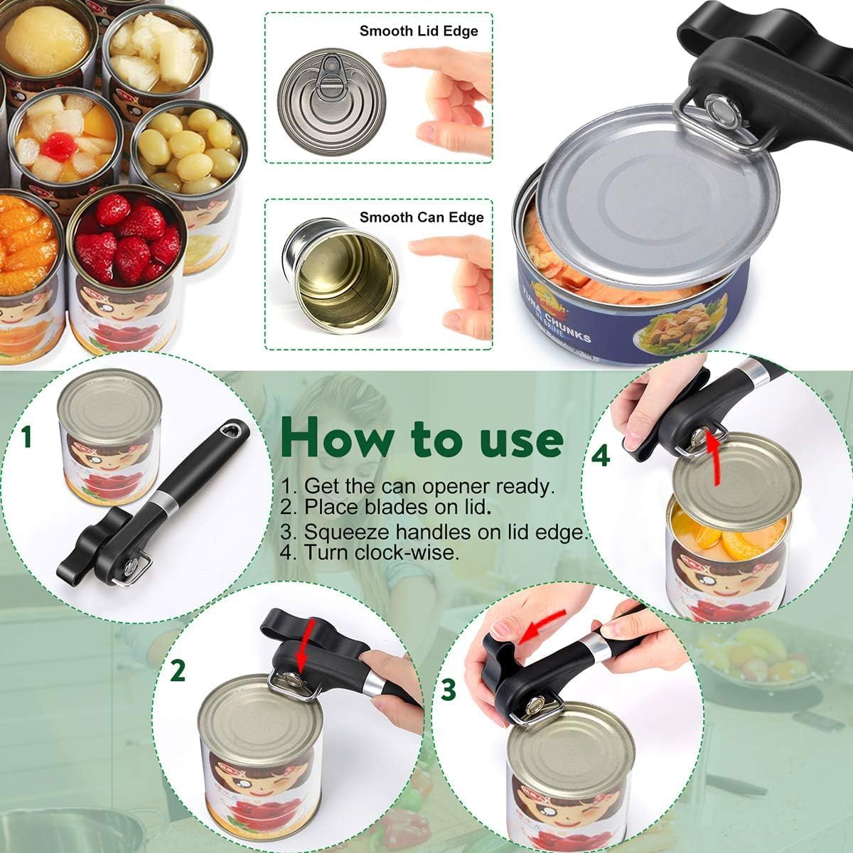 Smooth Edge Side Cut Can Opener, Safety Can Opener with Non-Slip Handle & Big Soft Turn Knob, Black
