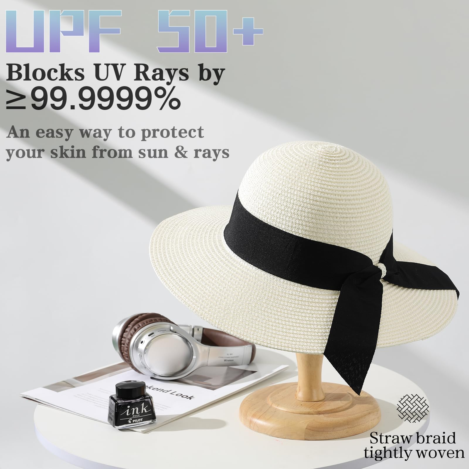 Women's Wide Brim Straw Sun Hat, UPF 50+ UV Protection, Foldable & Packable Roll Up Beach Hat