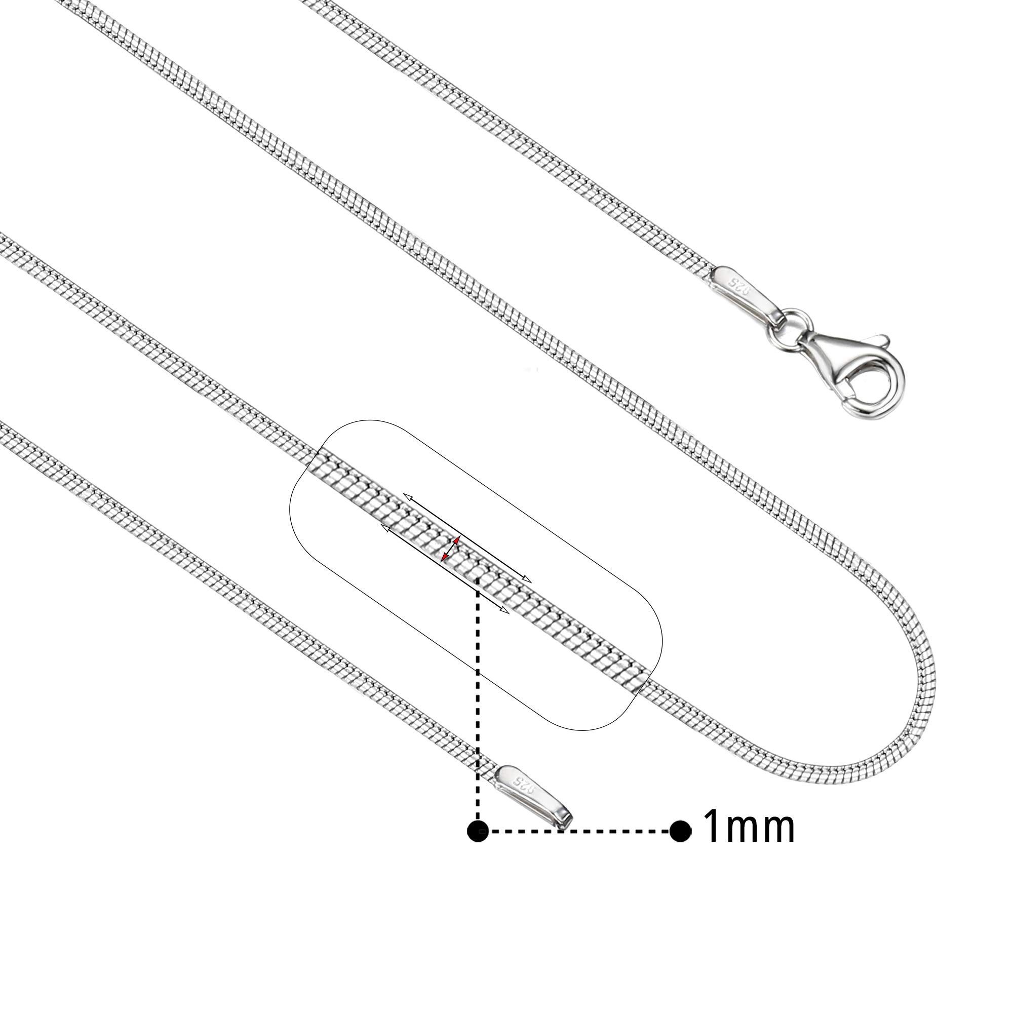 925 Sterling Silver Round Snake Chain Necklace, 1MM Rhodium Plated, Lobster Clasp, 16"-24", for Women & Men