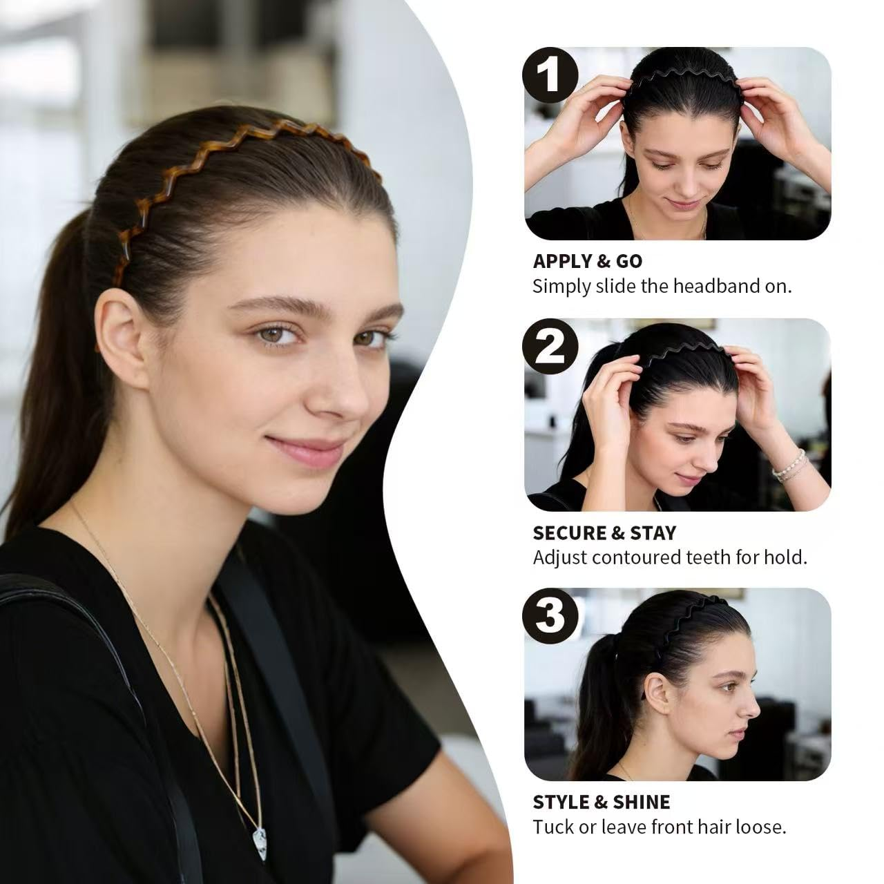 2 Pack Non-Slip Zig Zag Comb Headbands with Teeth, Plastic Hair Bands for Women, Tortoise & Black