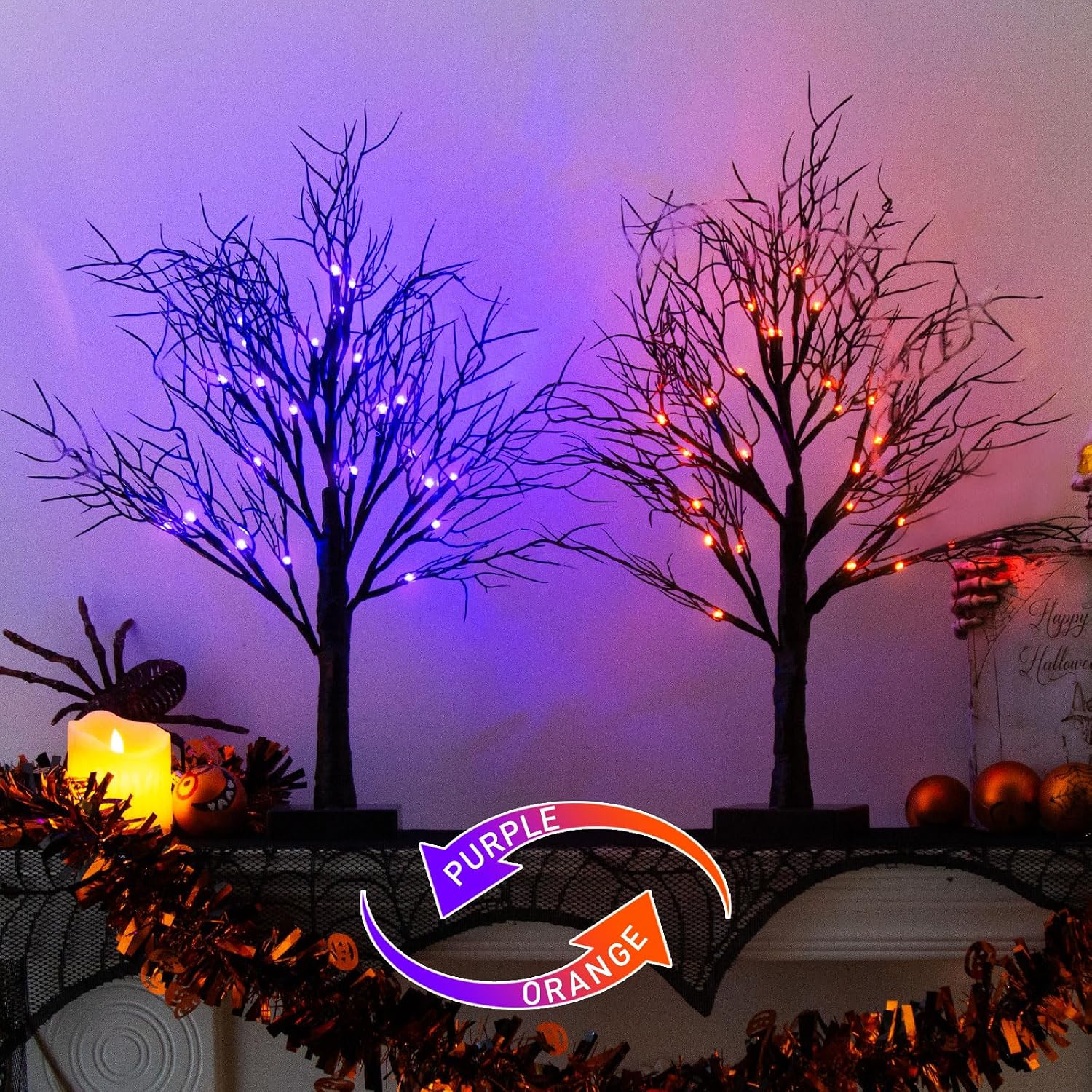 Lighted Black Halloween Spooky Tree, 22 Inch Table Centerpiece with Timer, Orange Purple Lights for Indoor Home Decor