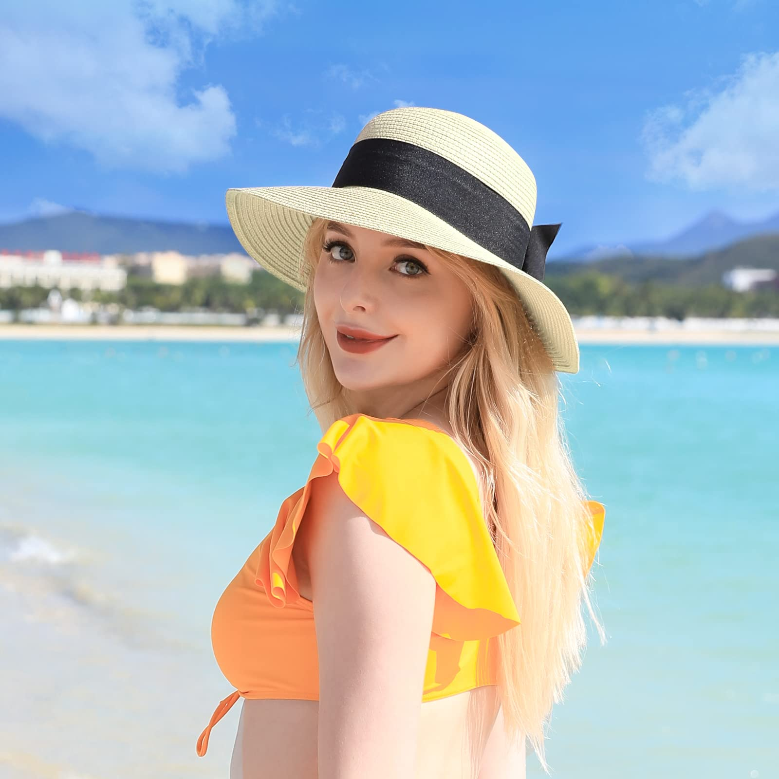 Women's Wide Brim Straw Sun Hat, UPF 50+ UV Protection, Foldable & Packable Roll Up Beach Hat