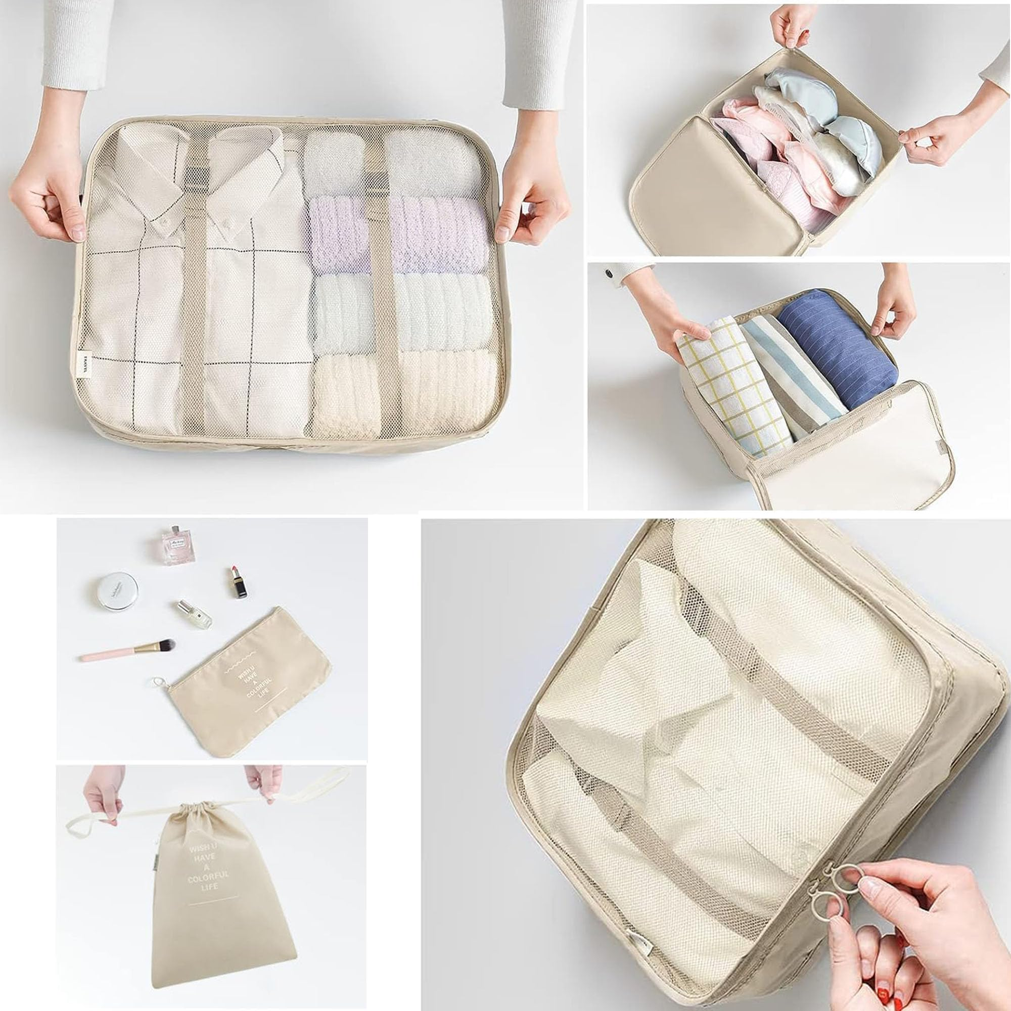 Travel Packing Cubes 6/8 Set, Luggage Storage Organizer with Shoe Toiletry Laundry Bag (Beige, 8 Set)
