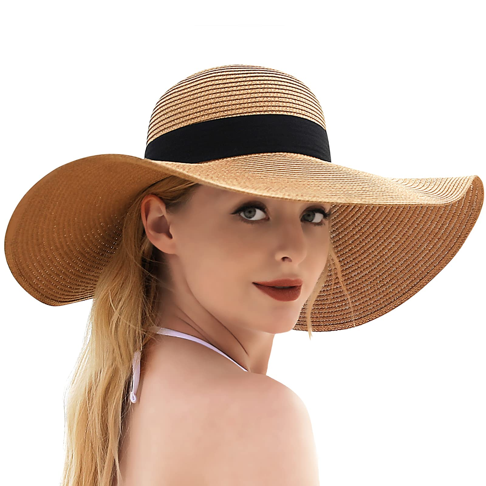 Women's Wide Brim Straw Sun Hat, UPF 50+ UV Protection, Foldable & Packable Roll Up Beach Hat
