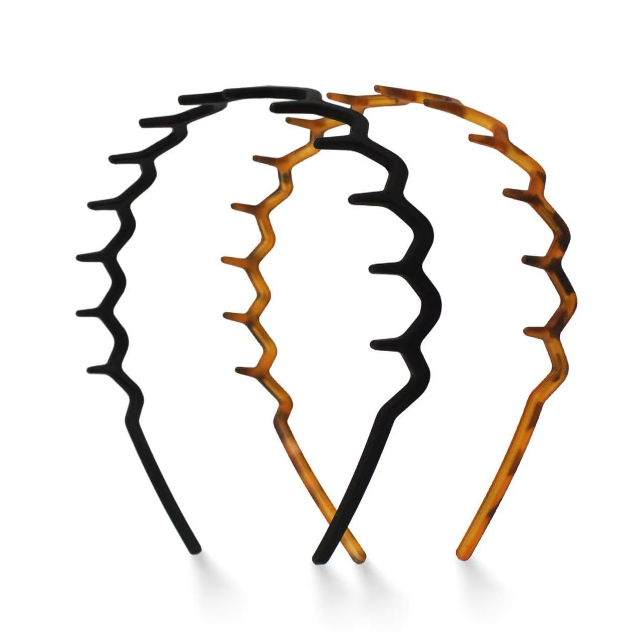 2 Pack Non-Slip Zig Zag Comb Headbands with Teeth, Plastic Hair Bands for Women, Tortoise & Black