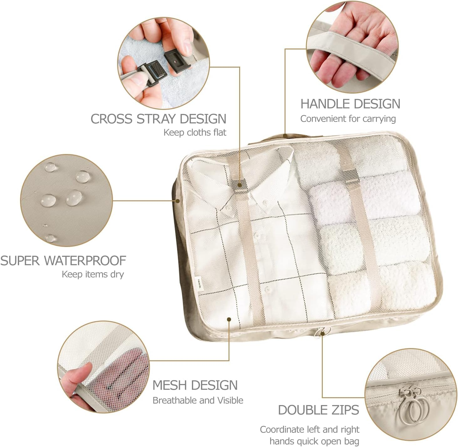 Travel Packing Cubes 6/8 Set, Luggage Storage Organizer with Shoe Toiletry Laundry Bag (Beige, 8 Set)