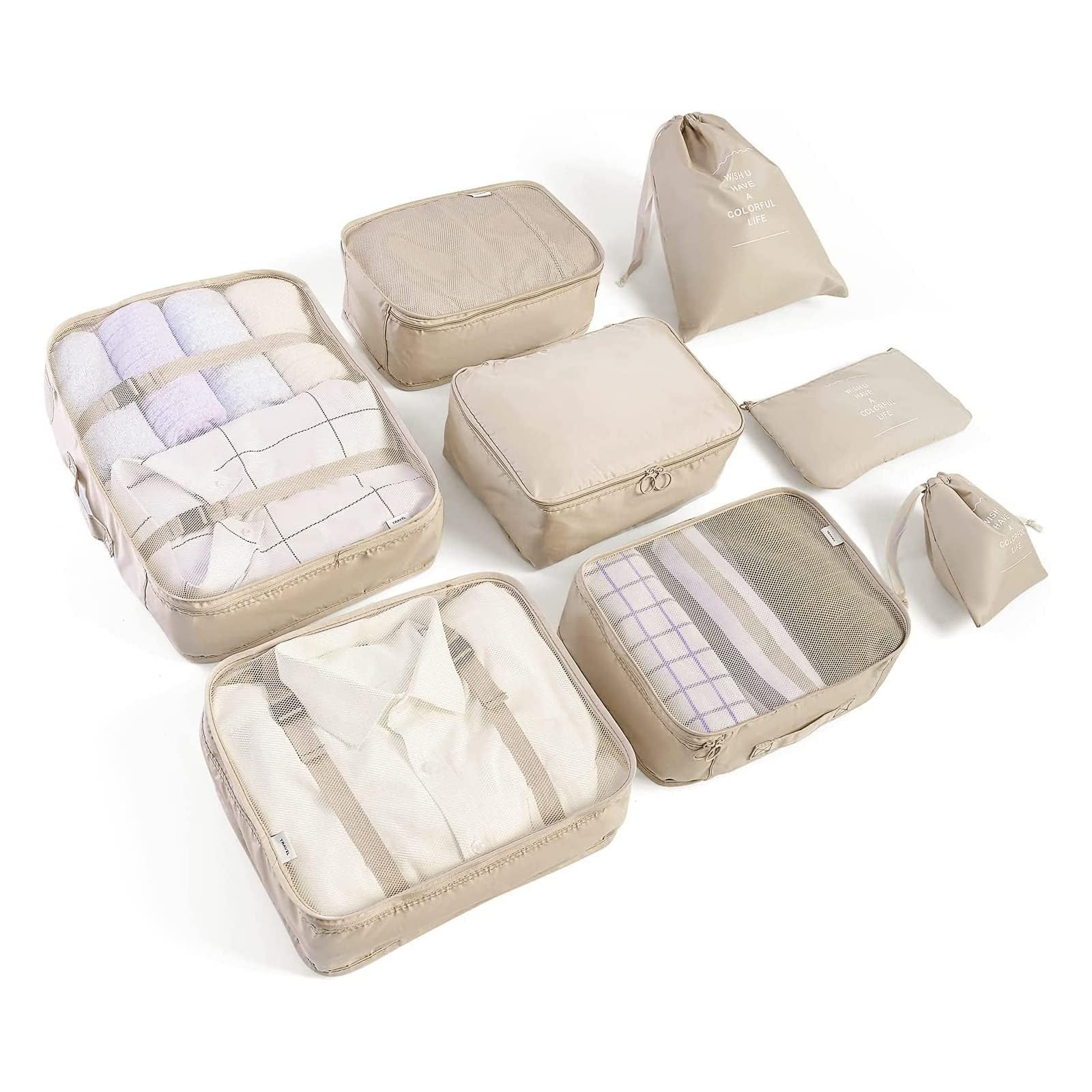 Travel Packing Cubes 6/8 Set, Luggage Storage Organizer with Shoe Toiletry Laundry Bag (Beige, 8 Set)