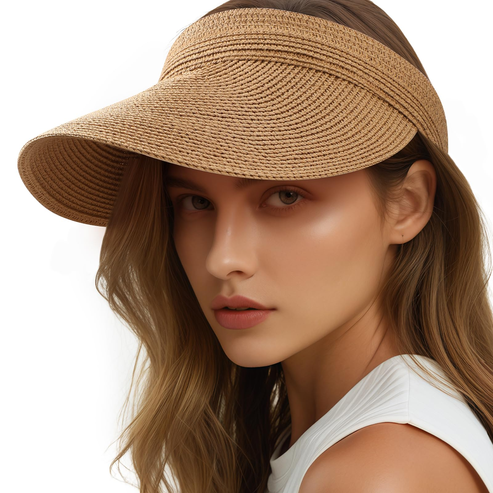 Women's Wide Brim Straw Sun Hat, UPF 50+ UV Protection, Foldable & Packable Roll Up Beach Hat