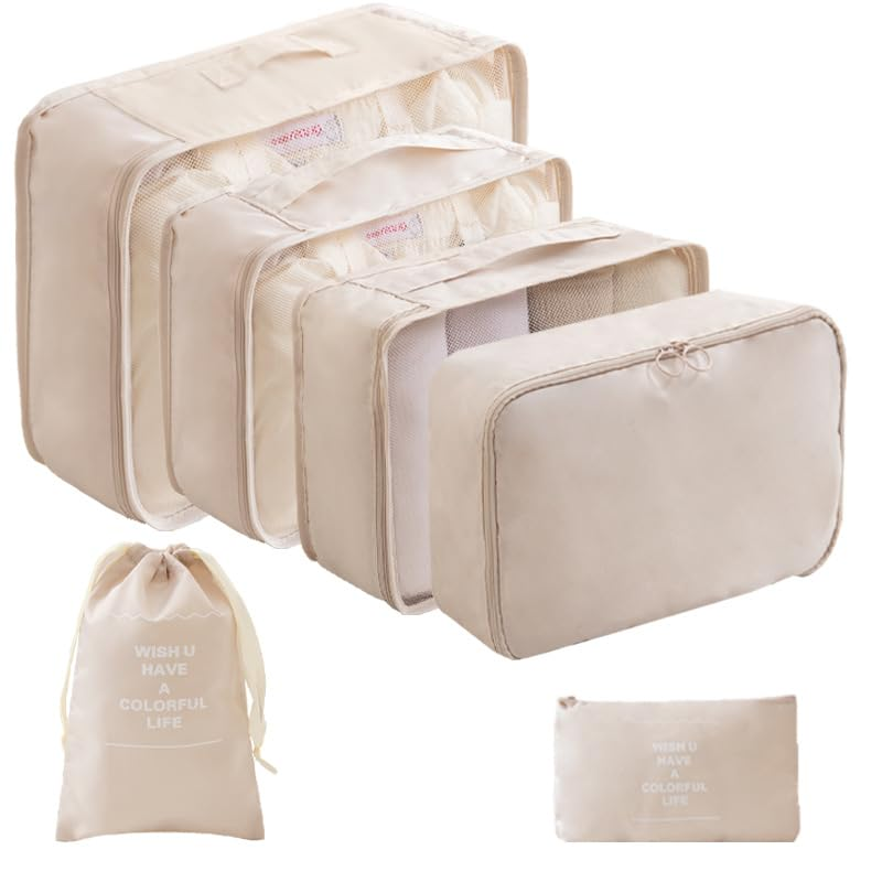 Travel Packing Cubes 6/8 Set, Luggage Storage Organizer with Shoe Toiletry Laundry Bag (Beige, 8 Set)