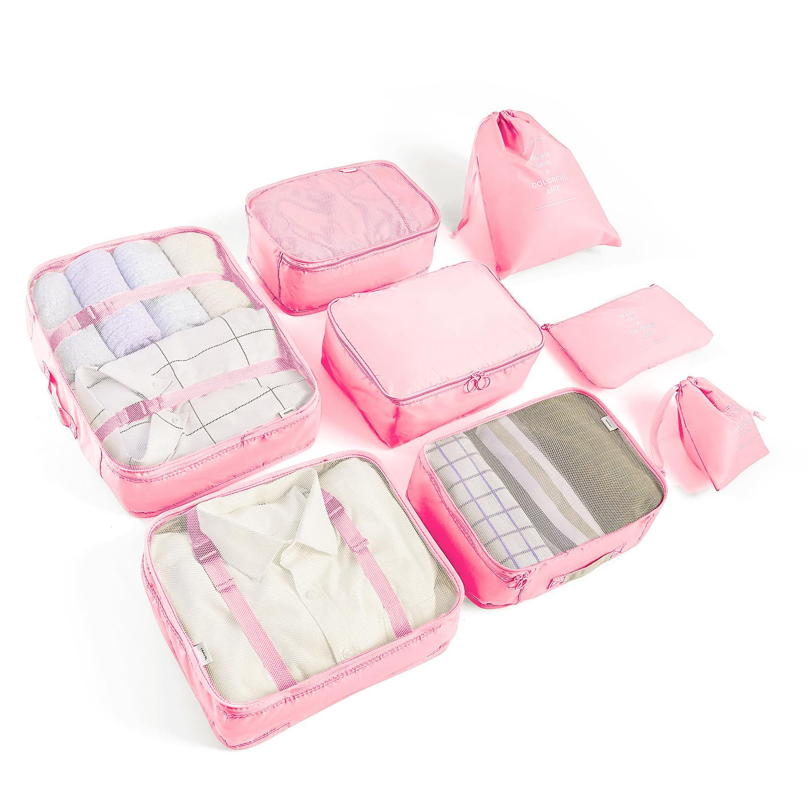 Travel Packing Cubes 6/8 Set, Luggage Storage Organizer with Shoe Toiletry Laundry Bag (Beige, 8 Set)