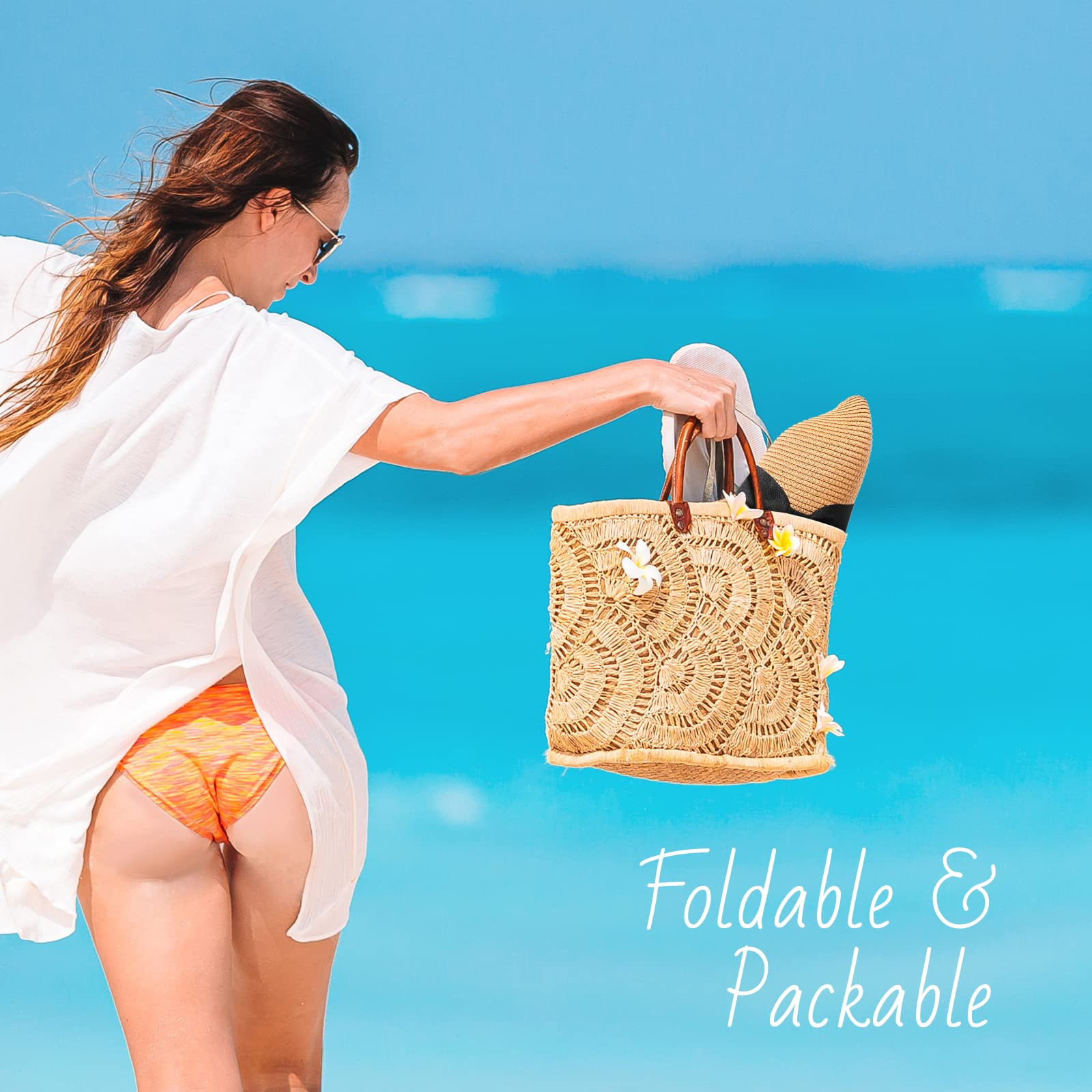 Women's Wide Brim Straw Sun Hat, UPF 50+ UV Protection, Foldable & Packable Roll Up Beach Hat