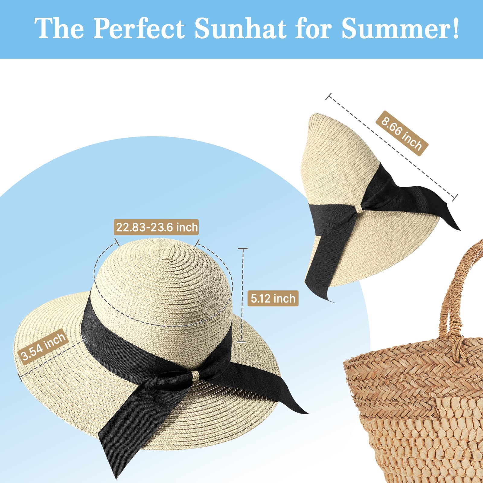 Women's Wide Brim Straw Sun Hat, UPF 50+ UV Protection, Foldable & Packable Roll Up Beach Hat
