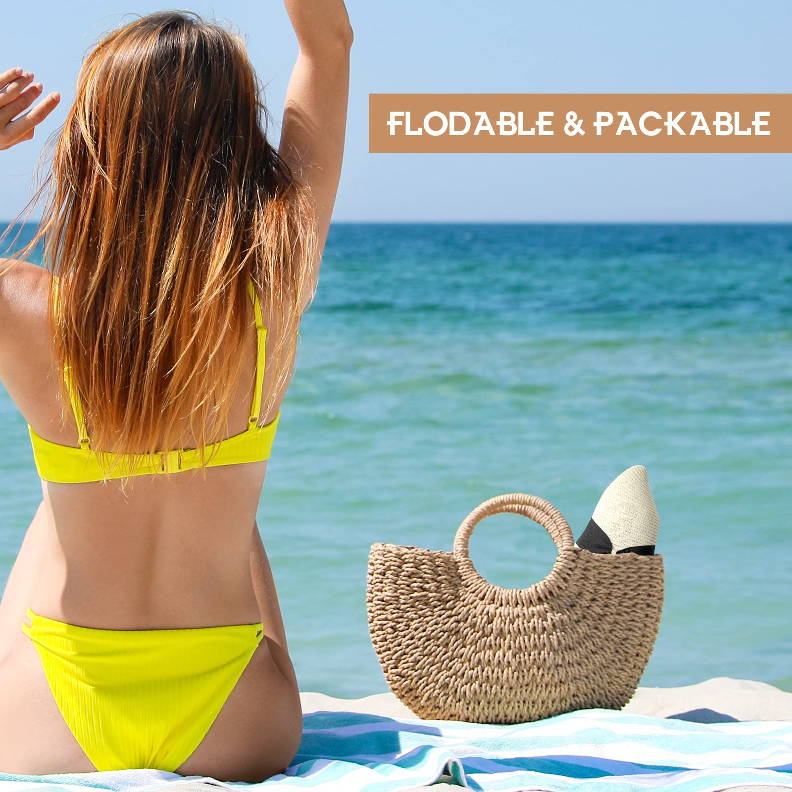 Women's Wide Brim Straw Sun Hat, UPF 50+ UV Protection, Foldable & Packable Roll Up Beach Hat