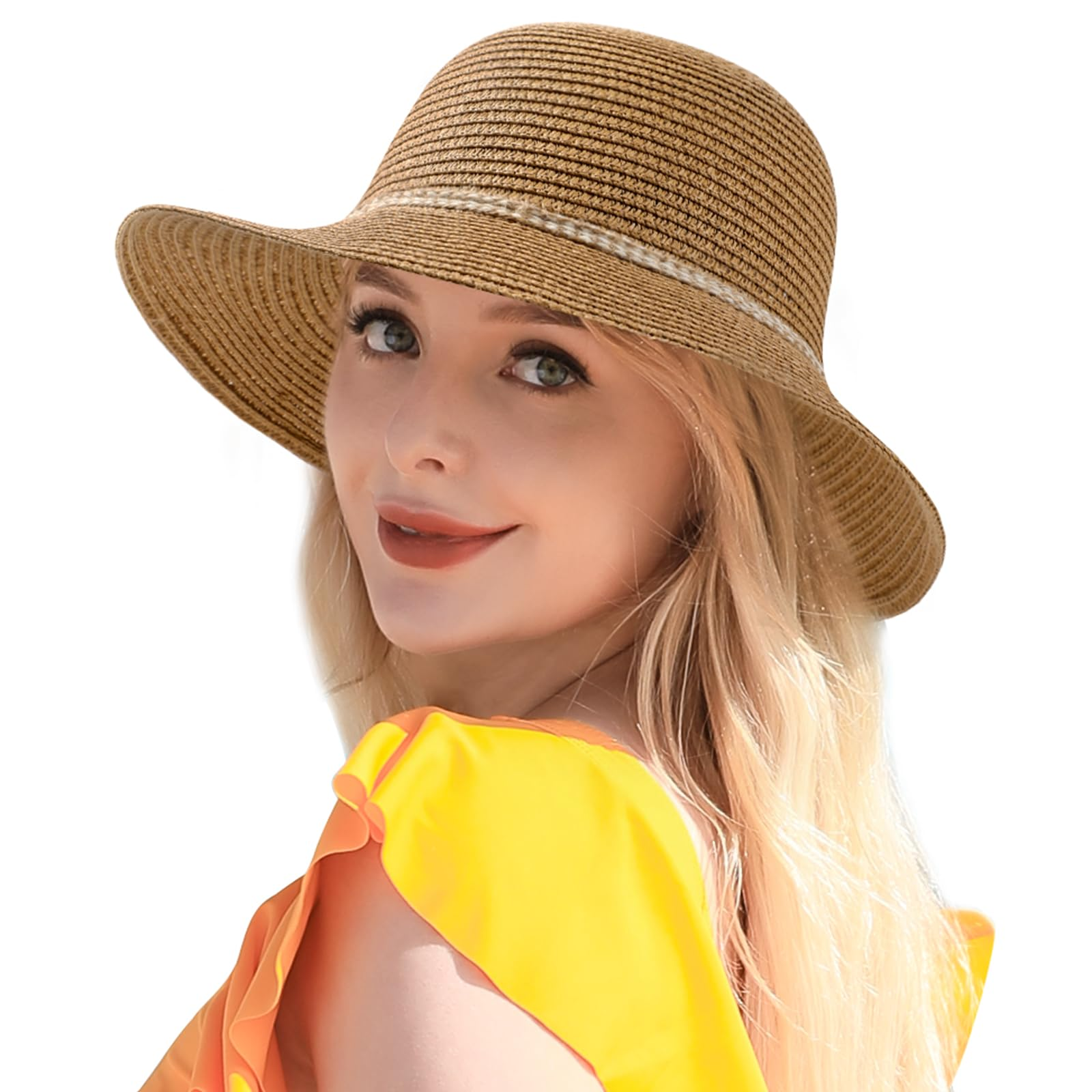 Women's Wide Brim Straw Sun Hat, UPF 50+ UV Protection, Foldable & Packable Roll Up Beach Hat