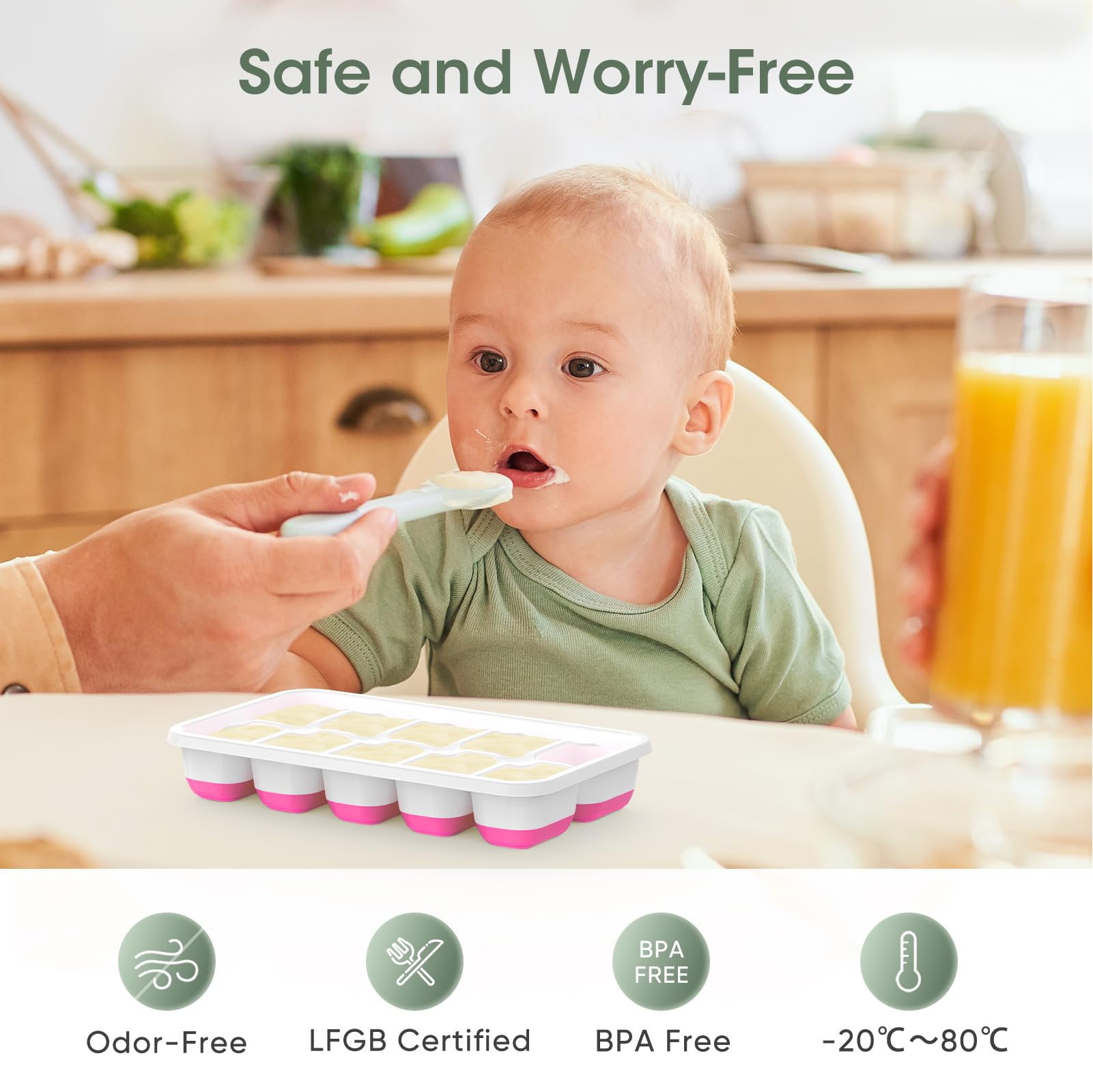 4 Pack Stackable Silicone Ice Cube Trays with Lid, Bin & Scoop for Freezer, Cocktails and Coffee