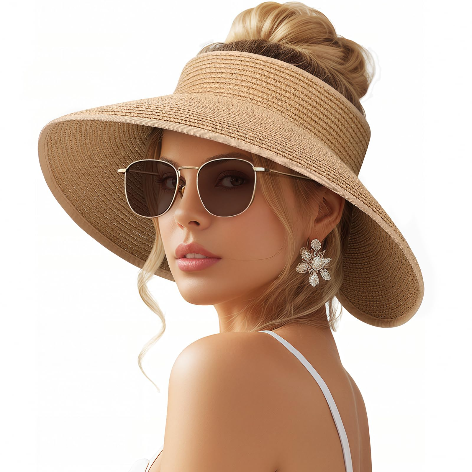 Women's Wide Brim Straw Sun Hat, UPF 50+ UV Protection, Foldable & Packable Roll Up Beach Hat