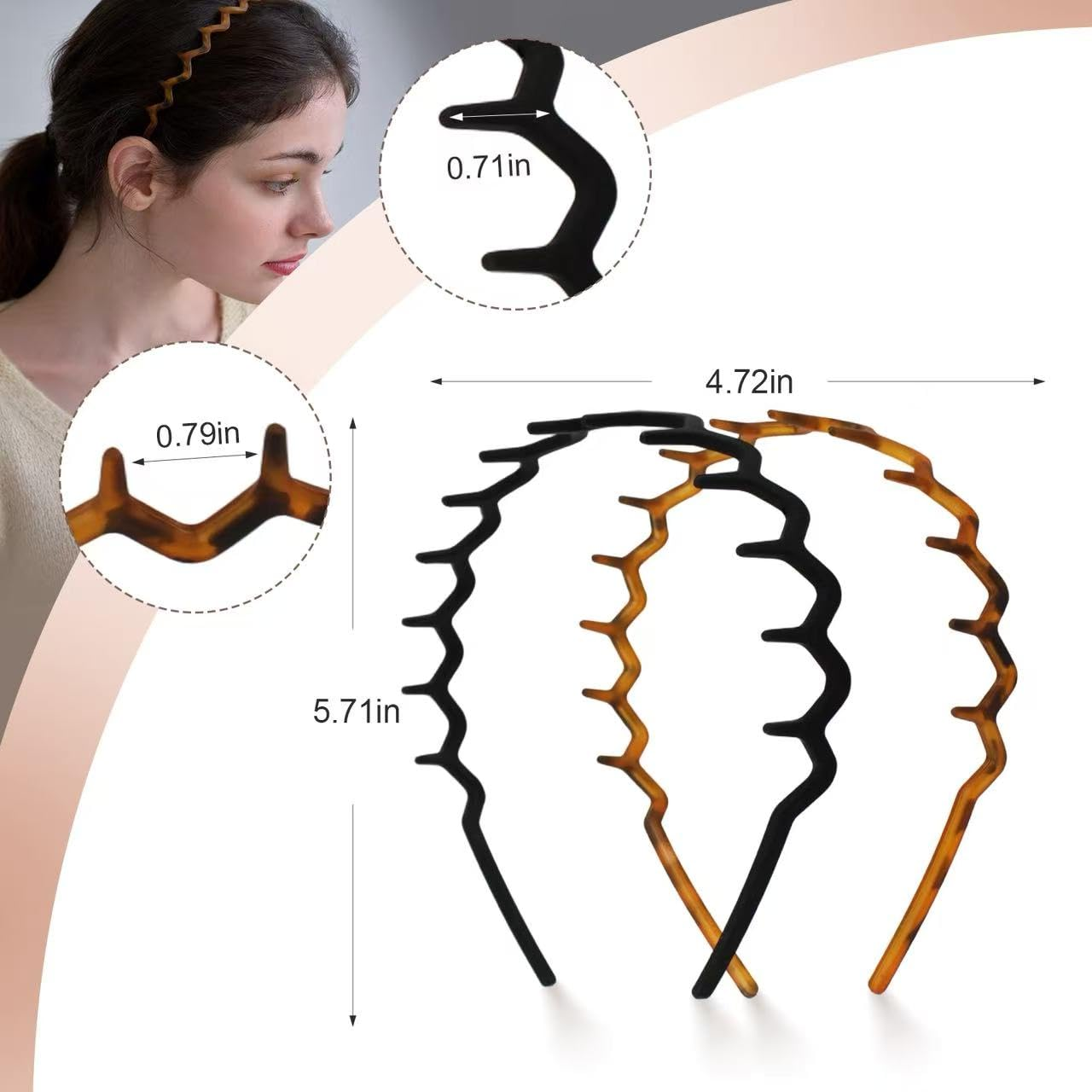 2 Pack Non-Slip Zig Zag Comb Headbands with Teeth, Plastic Hair Bands for Women, Tortoise & Black