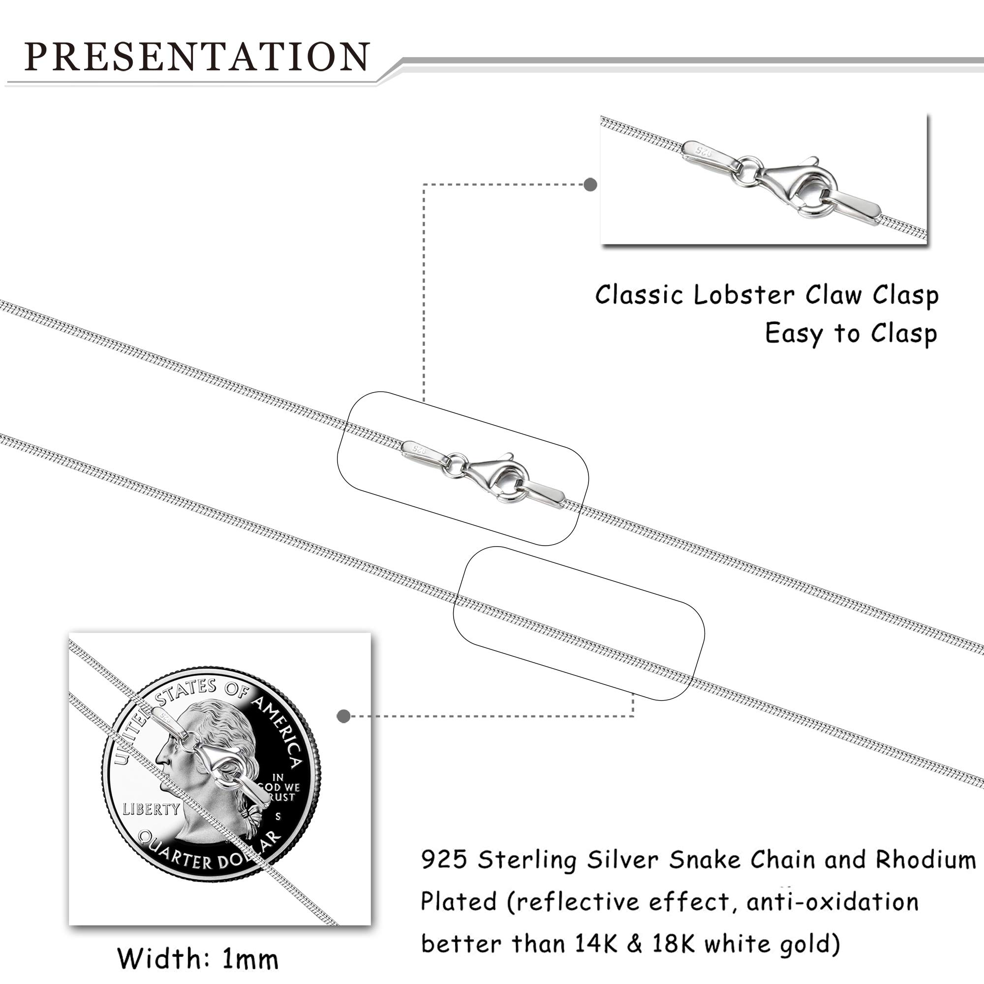 925 Sterling Silver Round Snake Chain Necklace, 1MM Rhodium Plated, Lobster Clasp, 16"-24", for Women & Men