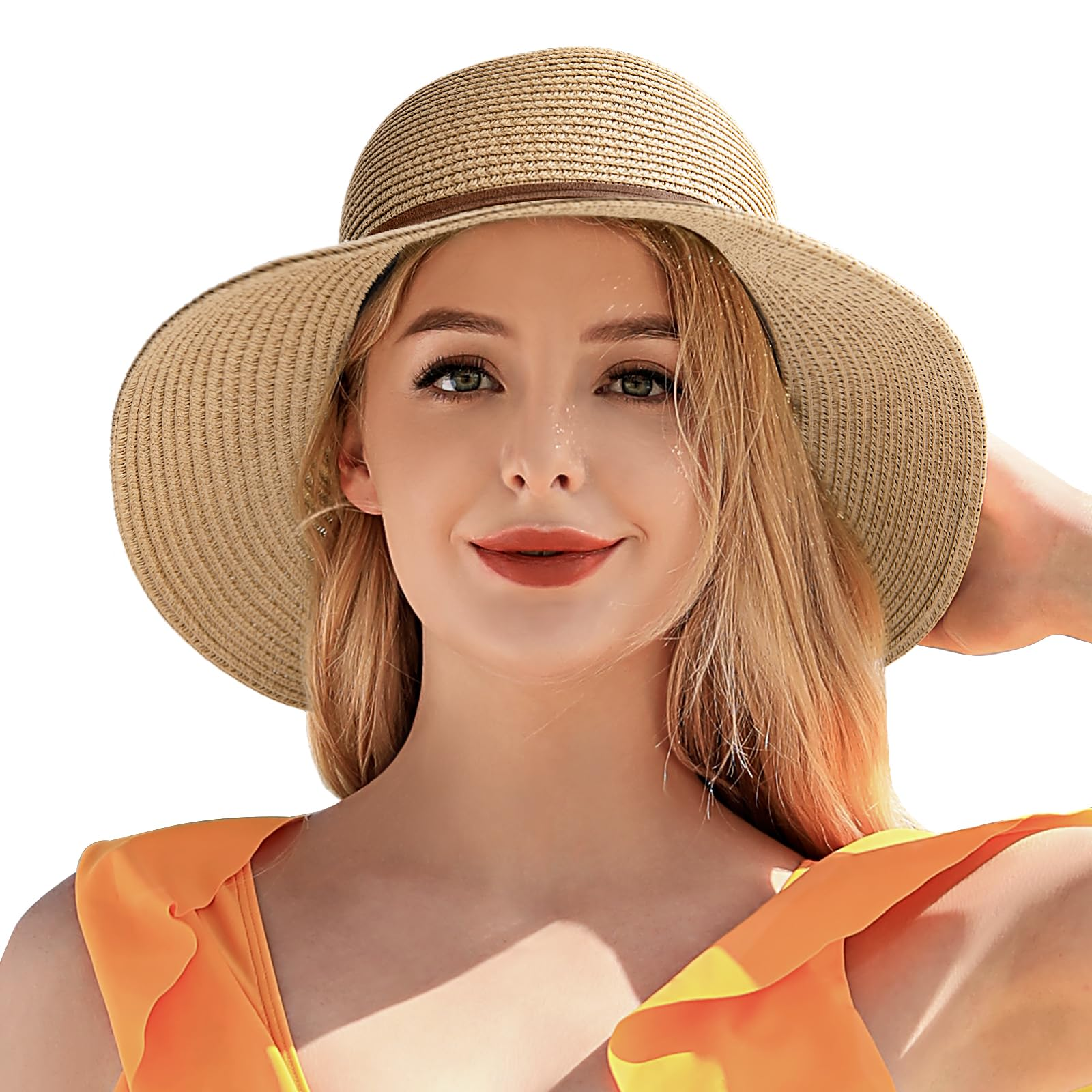 Women's Wide Brim Straw Sun Hat, UPF 50+ UV Protection, Foldable & Packable Roll Up Beach Hat