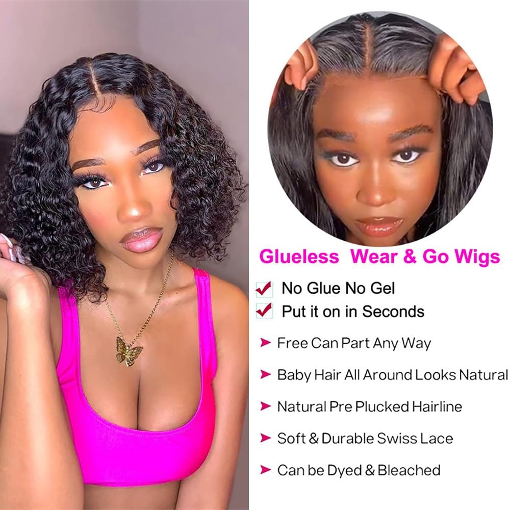 12" Deep Wave Bob Glueless Human Hair Wig, 4x4 Lace Closure Pre Plucked Pre Cut