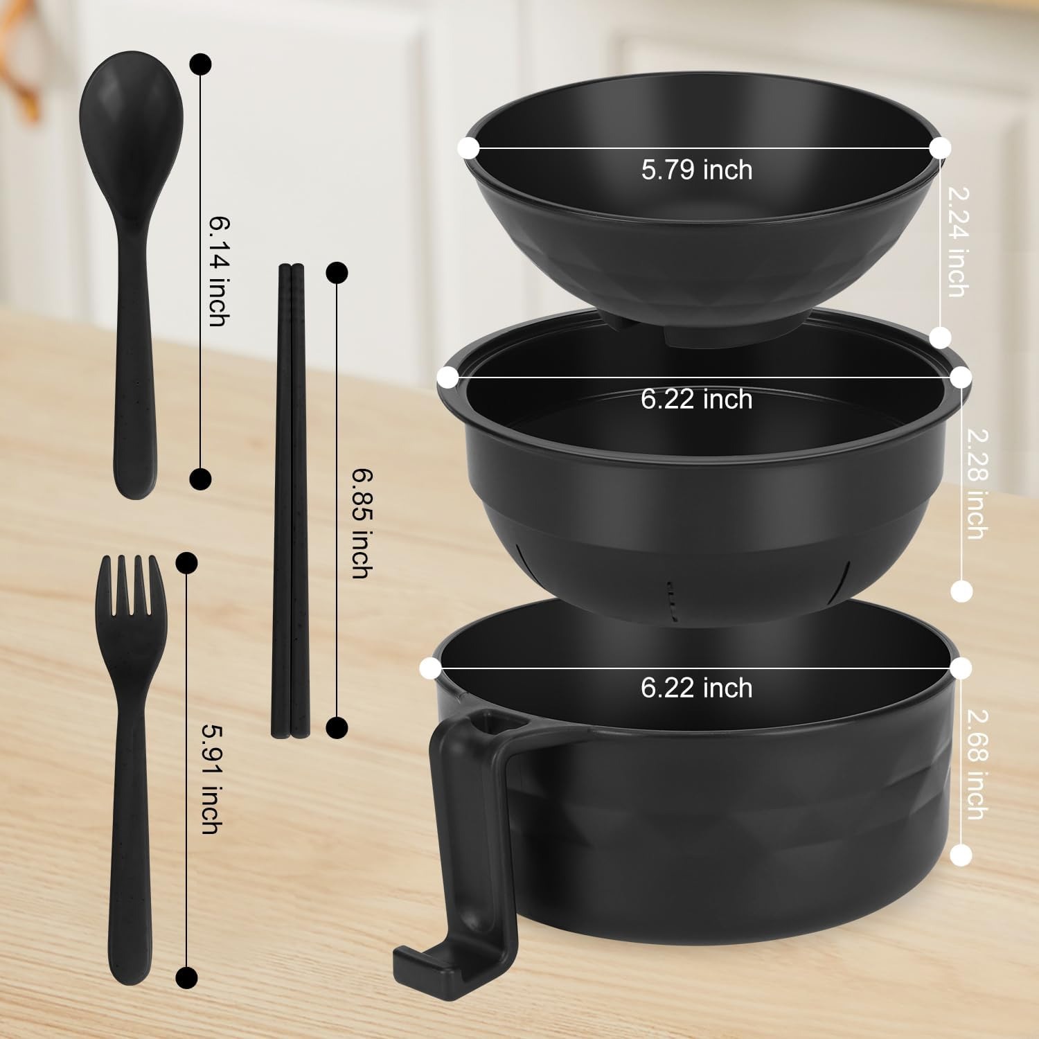 33oz Ramen Bowl Set with Chopsticks & Spoon, Microwave Ramen & Pasta Cooker, Dorm Essentials, Black
