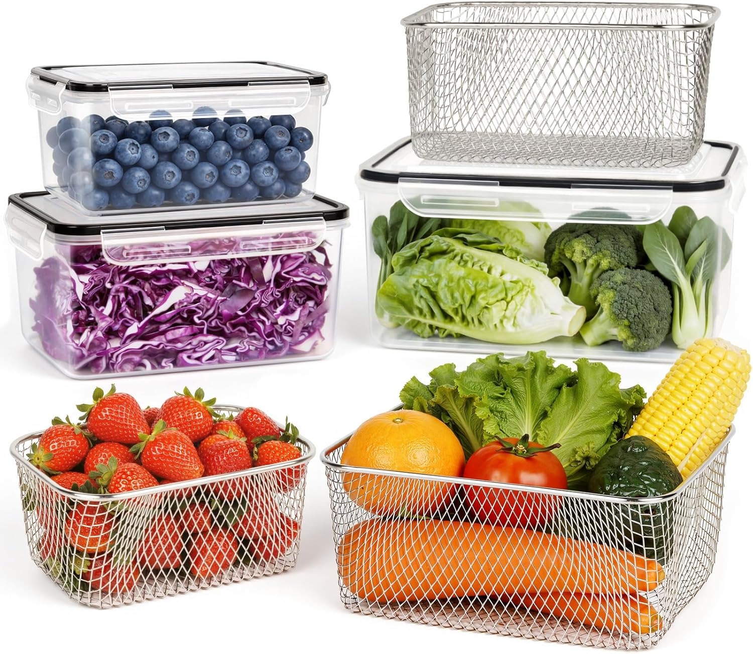 5 PCS Fridge Fruit & Vegetable Storage Containers with Colanders and Choppers, Leakproof Containers with Lids