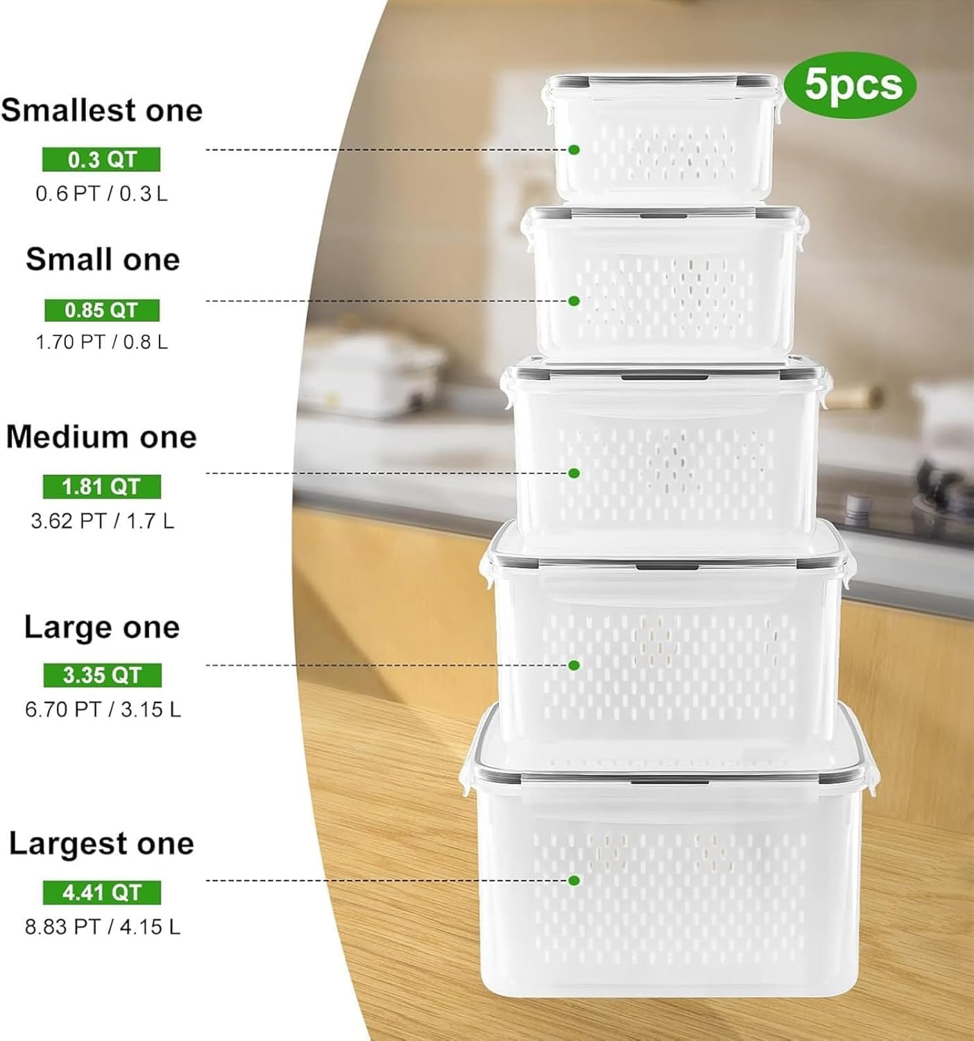 5 PCS Fridge Fruit & Vegetable Storage Containers with Colanders and Choppers, Leakproof Containers with Lids