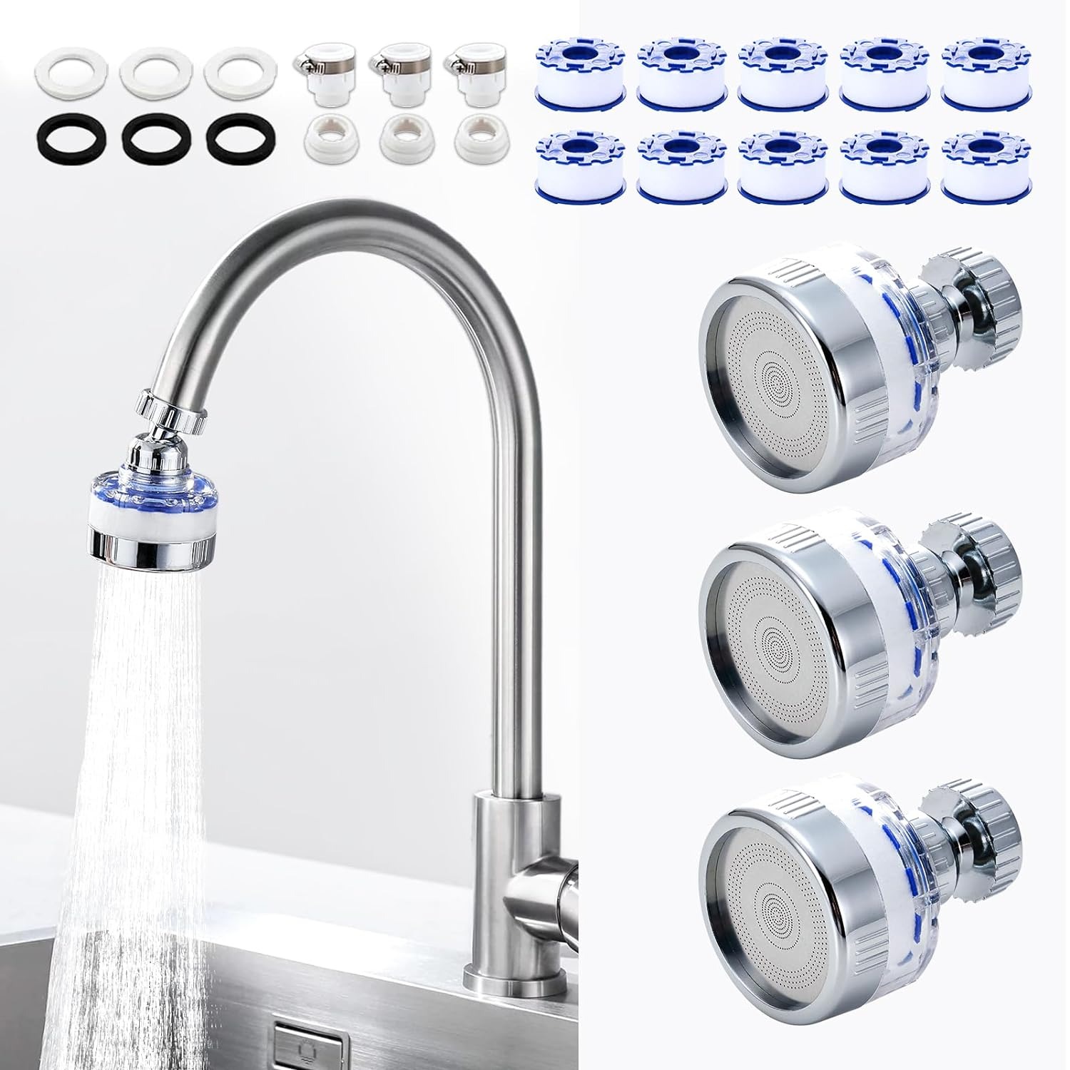 3 Pack 360° Rotating Sink Faucet Filter with 10 Filter Cartridges, Faucet Extender Removing Fluoride & Hard Water, For Kitchen and Bathroom
