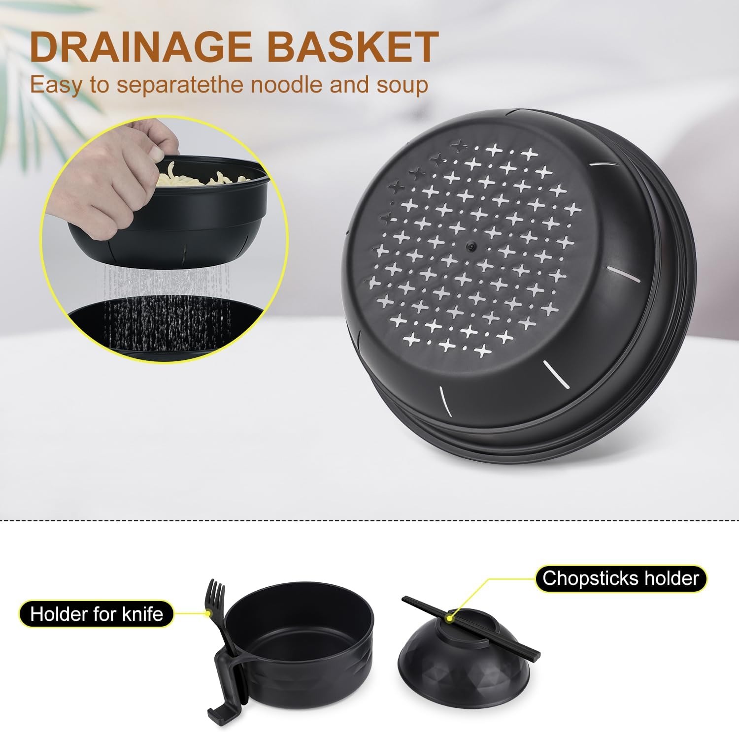 33oz Ramen Bowl Set with Chopsticks & Spoon, Microwave Ramen & Pasta Cooker, Dorm Essentials, Black