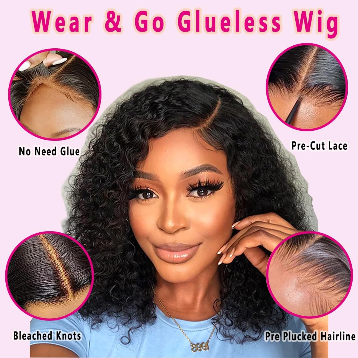 12" Deep Wave Bob Glueless Human Hair Wig, 4x4 Lace Closure Pre Plucked Pre Cut