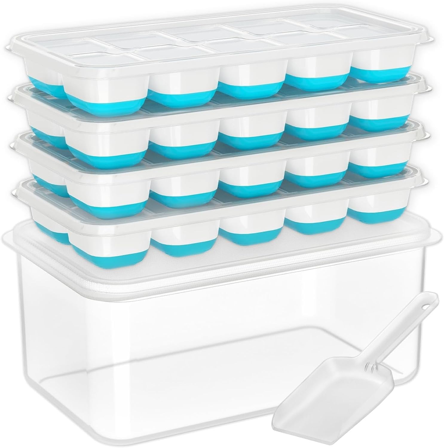 4 Pack Stackable Silicone Ice Cube Trays with Lid, Bin & Scoop for Freezer, Cocktails and Coffee