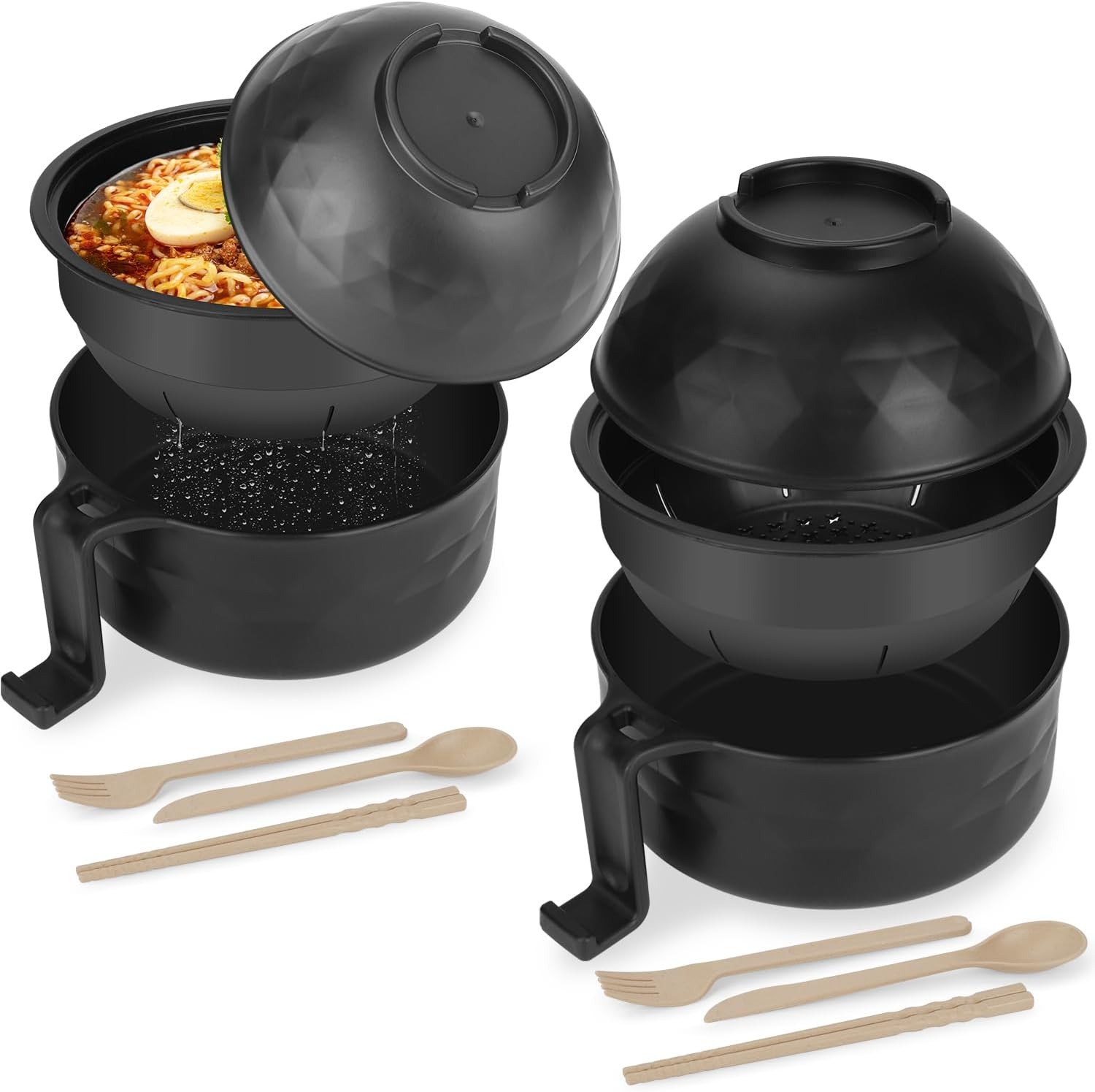 33oz Ramen Bowl Set with Chopsticks & Spoon, Microwave Ramen & Pasta Cooker, Dorm Essentials, Black