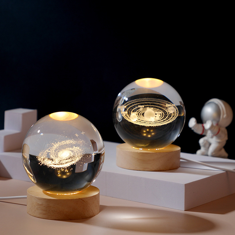 3D Crystal Ball Night Lamp Monochrome Clear With Wood Base