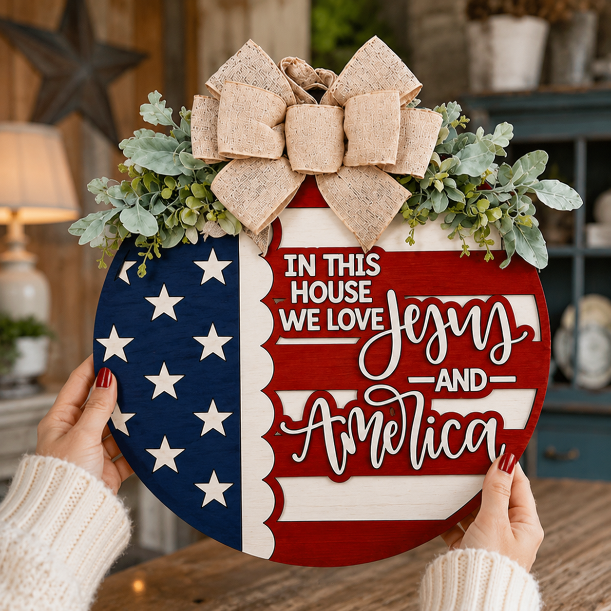 We Love Jesus And America Patriotic Flag Design For Front Door And Porch Decor