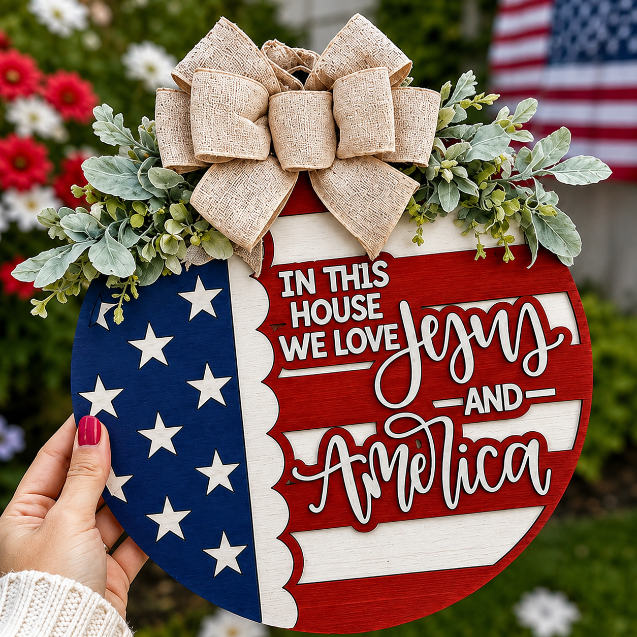 We Love Jesus And America Patriotic Flag Design For Front Door And Porch Decor