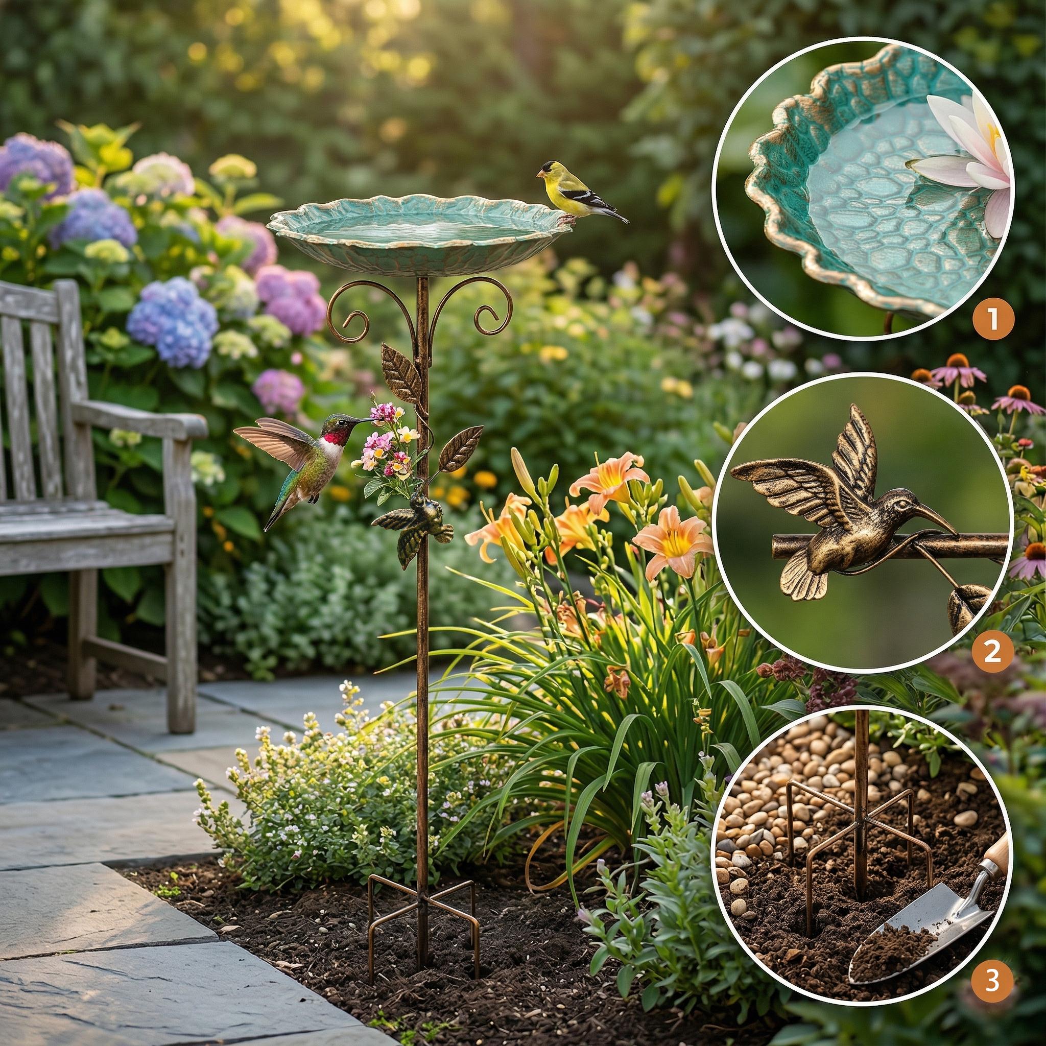 Stylish Turquoise Bird Bath/Feeder&ndash; Premium Stone Textured Design with Gold Hummingbird, Ideal Garden Decor & Thoughtful Holiday Gift