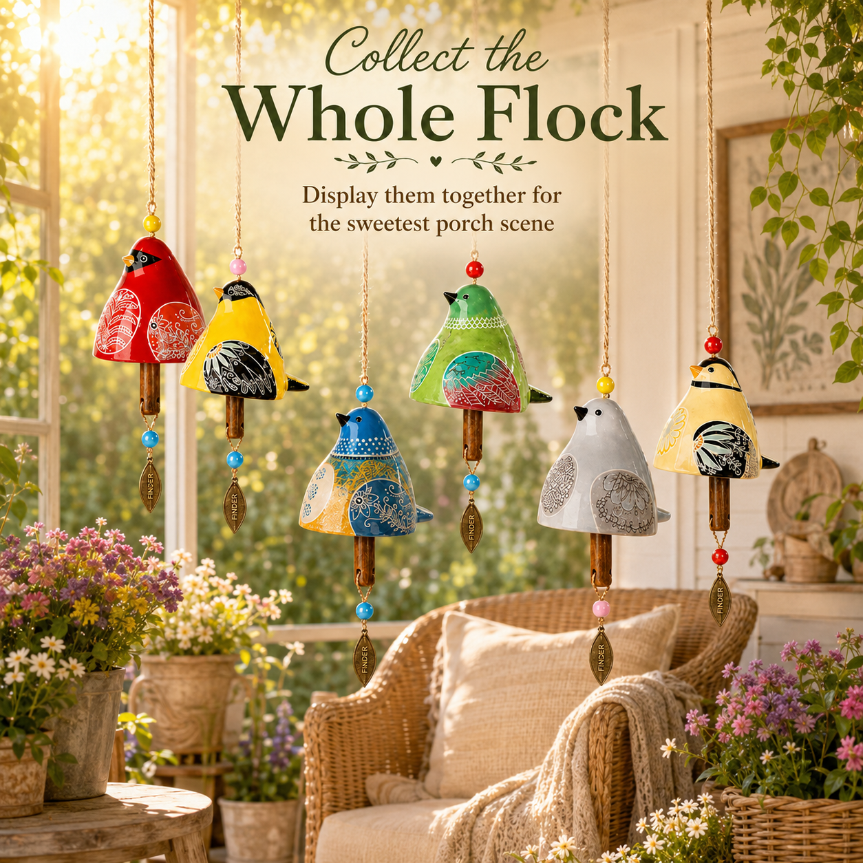 50% OFF!Hand-Painted Resin Bird Wind Chime, Colorful Folk Art Garden Hanging Decor