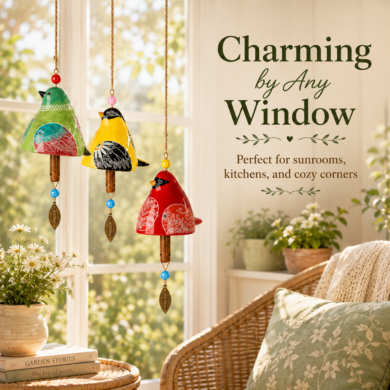 50% OFF!Hand-Painted Resin Bird Wind Chime, Colorful Folk Art Garden Hanging Decor