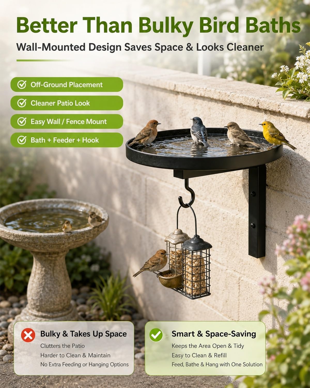 Wall-Mounted Metal Bird Bath With Feeding Hook