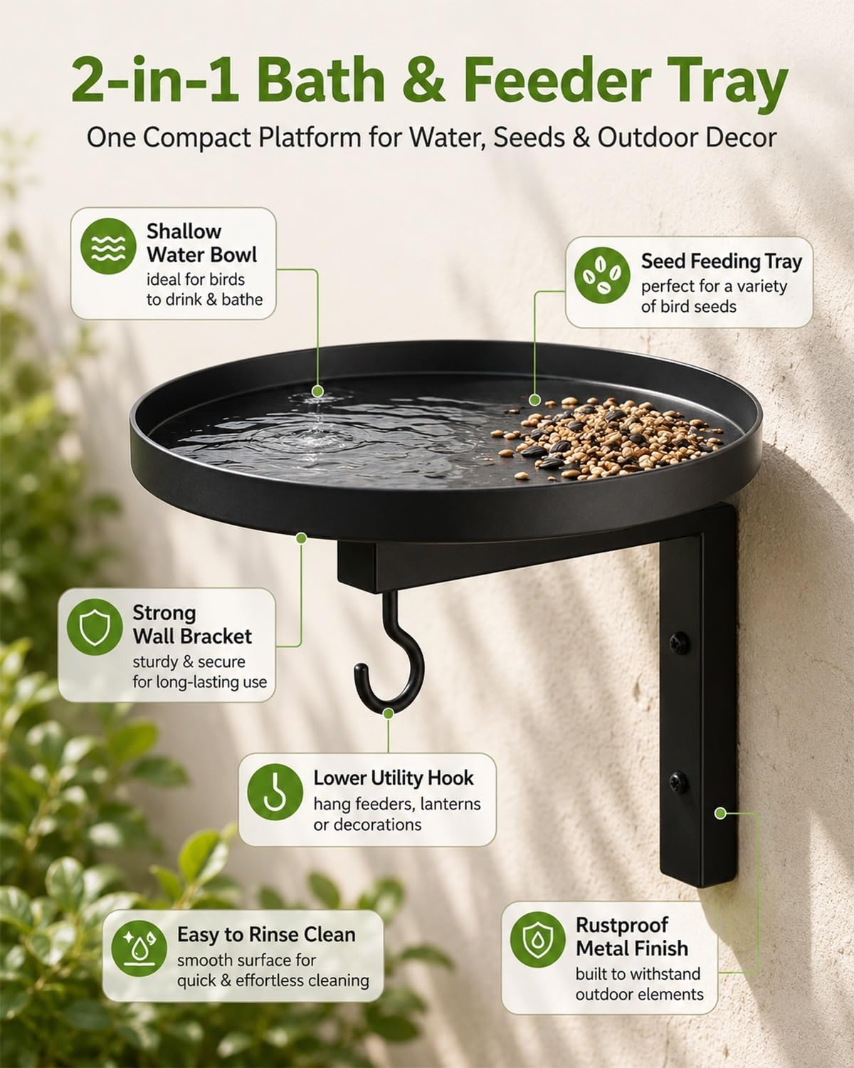 Wall-Mounted Metal Bird Bath With Feeding Hook