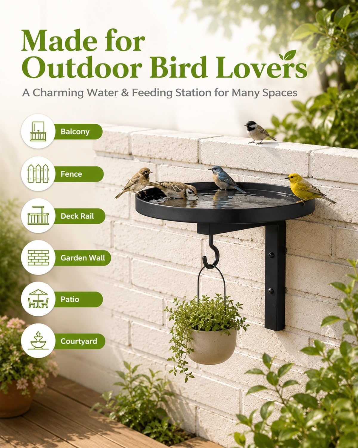 Wall-Mounted Metal Bird Bath With Feeding Hook