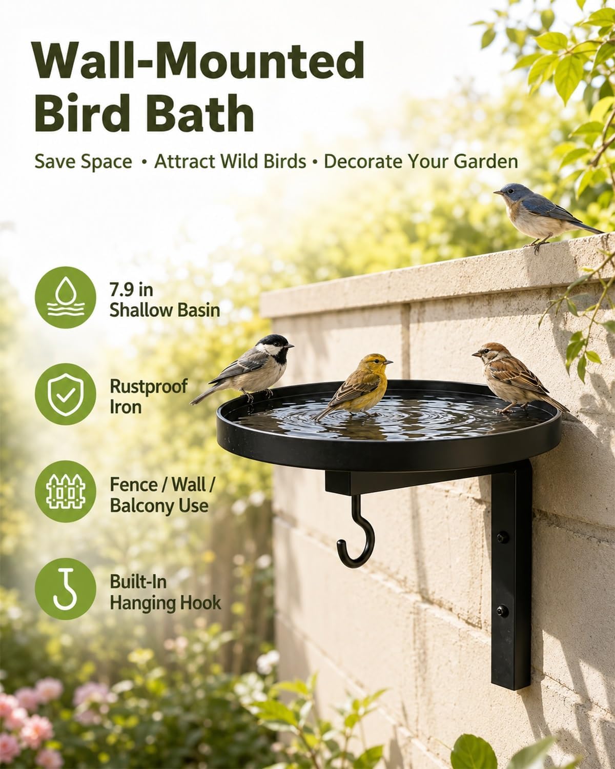Wall-Mounted Metal Bird Bath With Feeding Hook