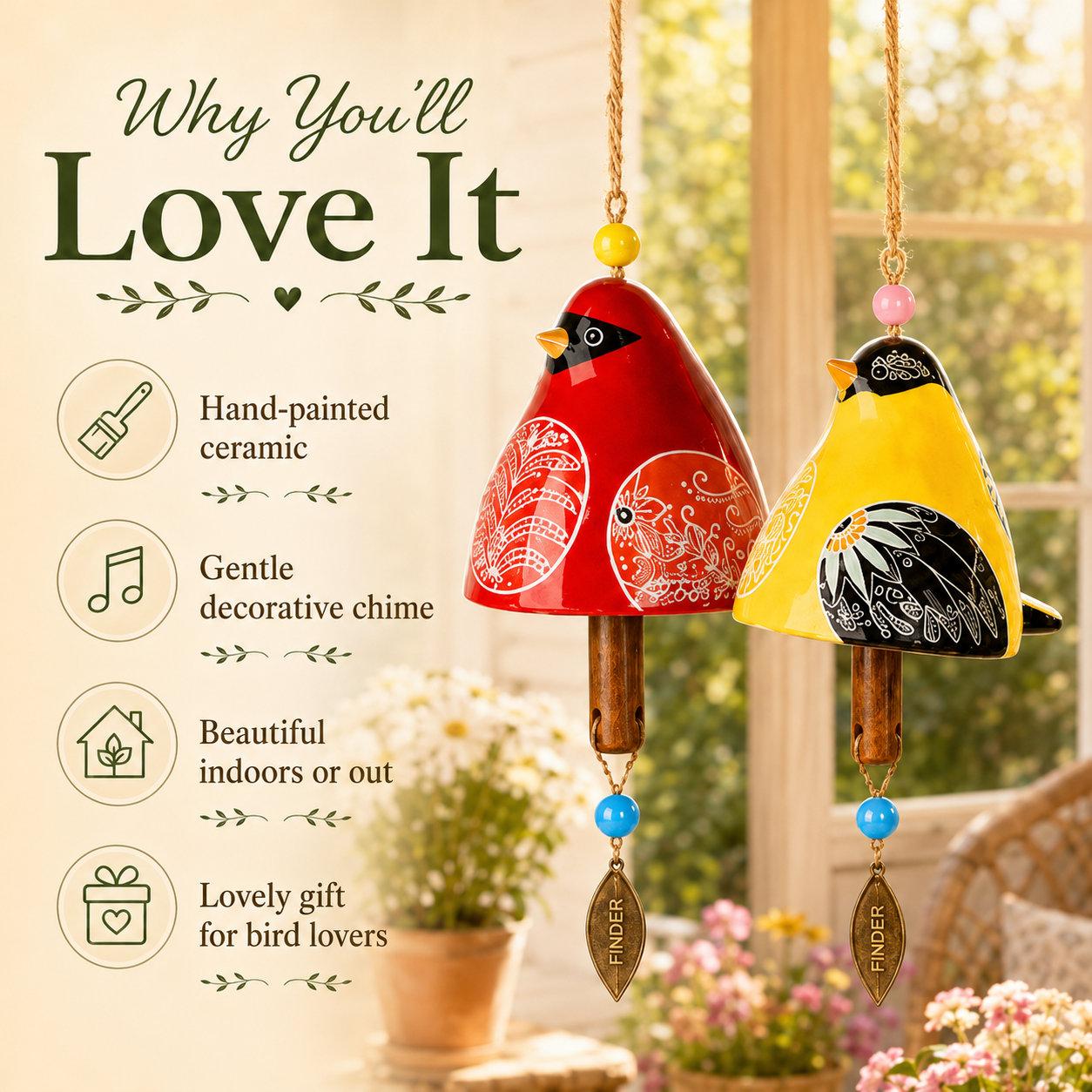 50% OFF!Hand-Painted Resin Bird Wind Chime, Colorful Folk Art Garden Hanging Decor