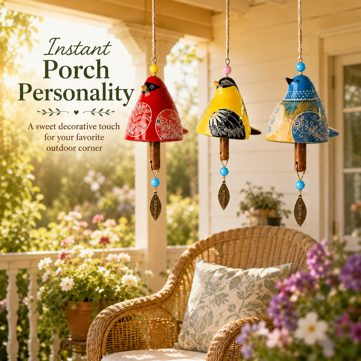 50% OFF!Hand-Painted Resin Bird Wind Chime, Colorful Folk Art Garden Hanging Decor