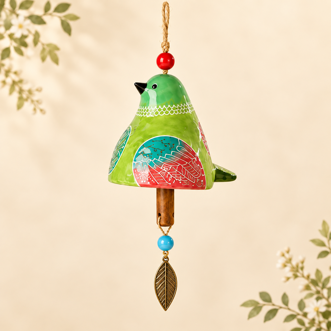 50% OFF!Hand-Painted Resin Bird Wind Chime, Colorful Folk Art Garden Hanging Decor
