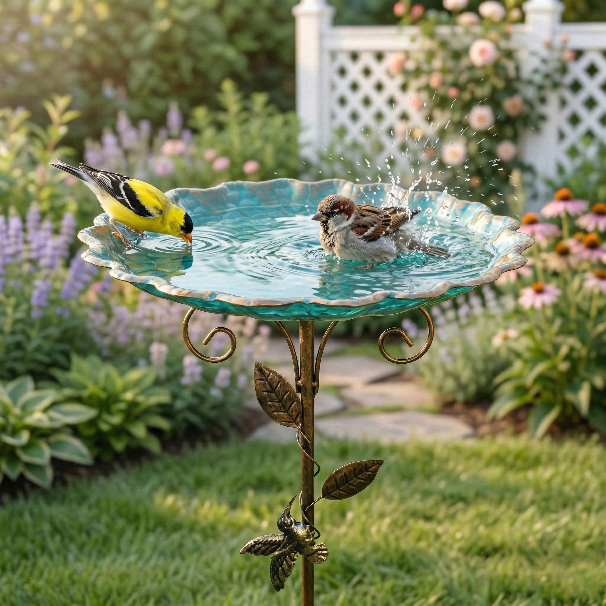Stylish Turquoise Bird Bath/Feeder&ndash; Premium Stone Textured Design with Gold Hummingbird, Ideal Garden Decor & Thoughtful Holiday Gift