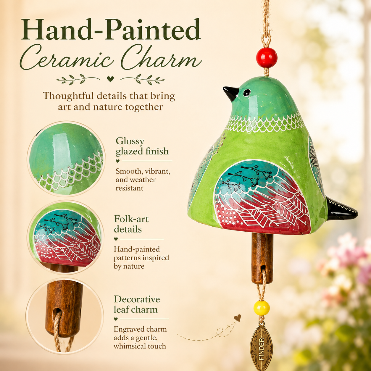50% OFF!Hand-Painted Resin Bird Wind Chime, Colorful Folk Art Garden Hanging Decor