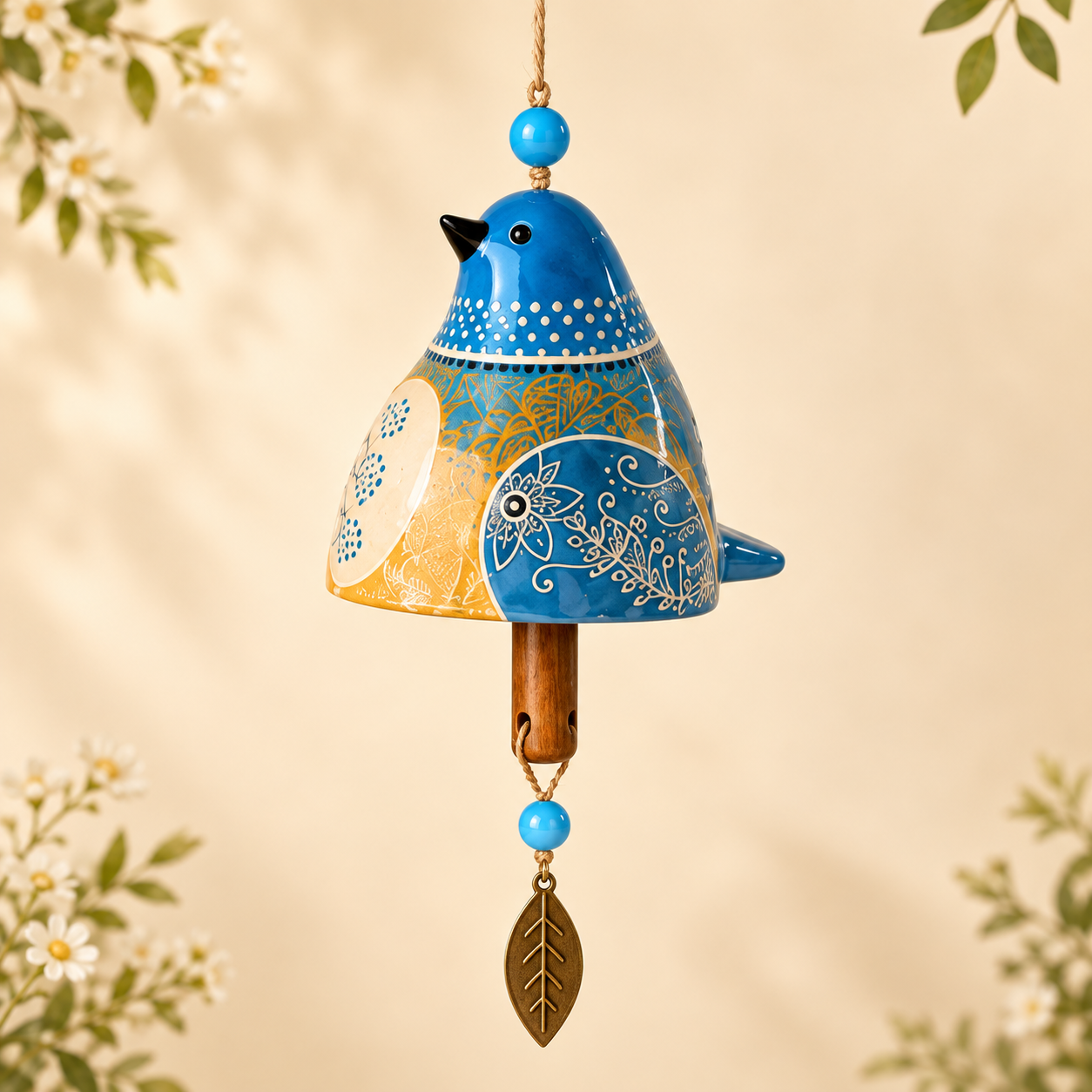 50% OFF!Hand-Painted Resin Bird Wind Chime, Colorful Folk Art Garden Hanging Decor