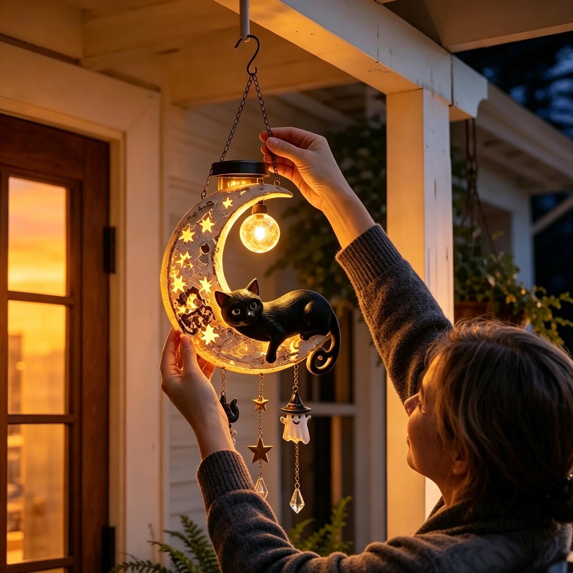Solar-Powered Hanging Moon and Black Cat Wind Chime Lamp